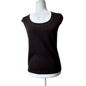 Ann Taylor Tank Top 100% Cotton Brown Beaded Sleeveless Knit SZ M